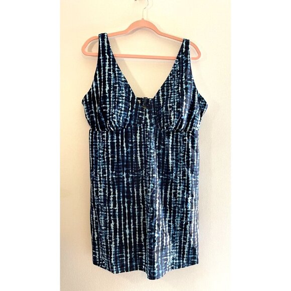 Old Navy V-Neck Secret-Slim 3X Underwire Swim Dress, Blue Shibori Tie-Dye, New - Picture 1 of 7